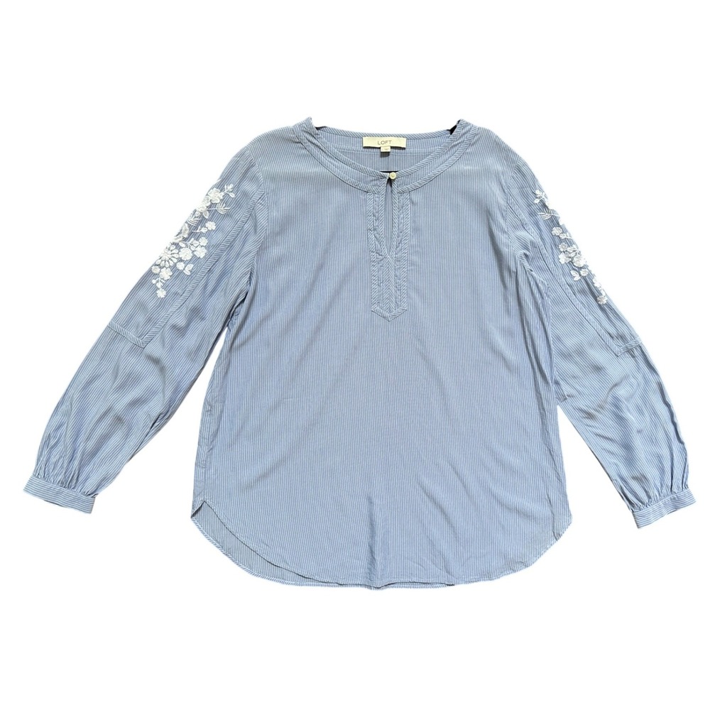 Loft Womens Embroidered Long Sleeve Blue and White Striped Blouse Size L